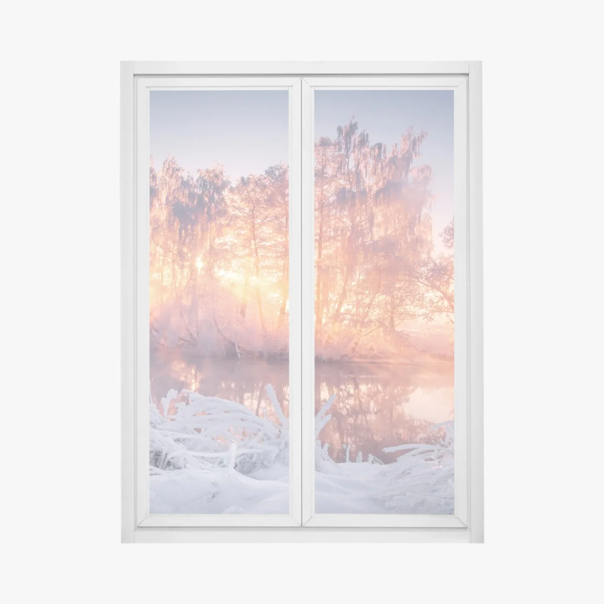 Naklejka na okno zimowy wschód słońca nad zamarzniętą rzeką – Wallissimo®