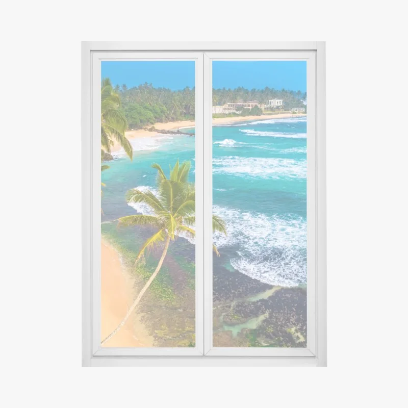 Naklejka na okno tropikalna plaża z turkusową wodą i palmą – Wallissimo®