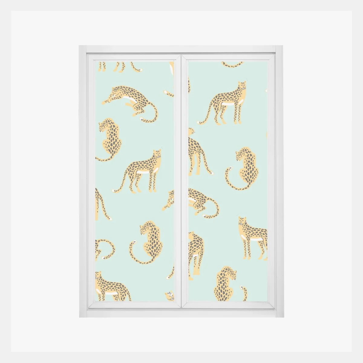 Naklejka na okno zabawny wzór gepardów na turkusowym tle – Wallissimo® Naklejka na okno zabawny wzór gepardów na turkusowym tle – Wallissimo®