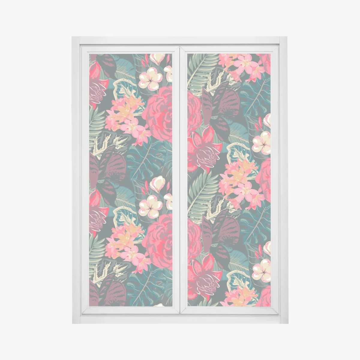 Naklejka na okno tropikalny wzór kwiatowy w różu i turkusie – Wallissimo® Naklejka na okno tropikalny wzór kwiatowy w różu i turkusie – Wallissimo®