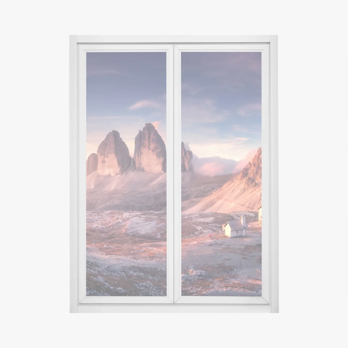 Naklejka na okno wschód słońca nad szczytami Dolomitów – Wallissimo® Naklejka na okno wschód słońca nad szczytami Dolomitów – Wallissimo®