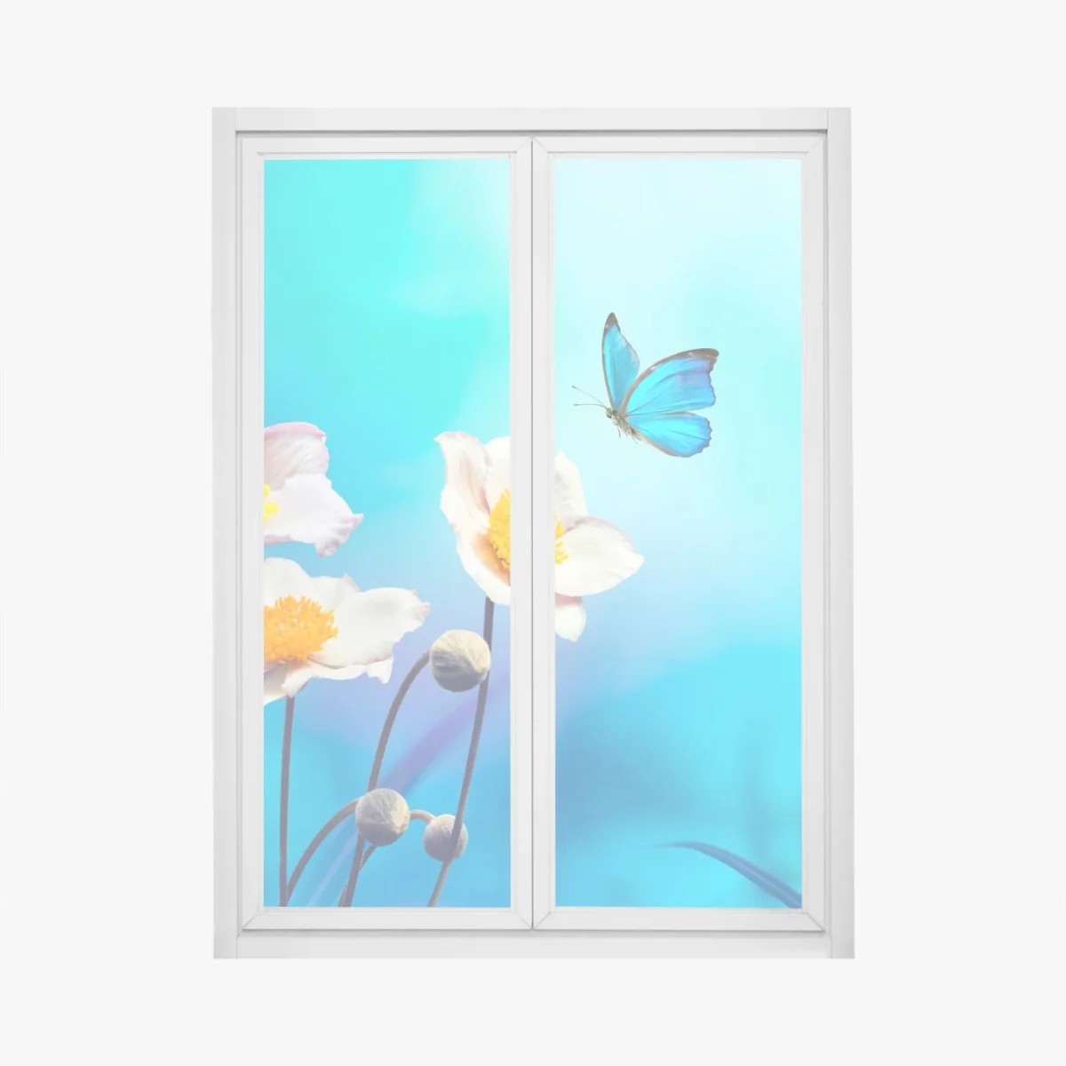Naklejka na okno delikatne różowe anemony i niebieski motyl – Wallissimo® Naklejka na okno delikatne różowe anemony i niebieski motyl – Wallissimo®
