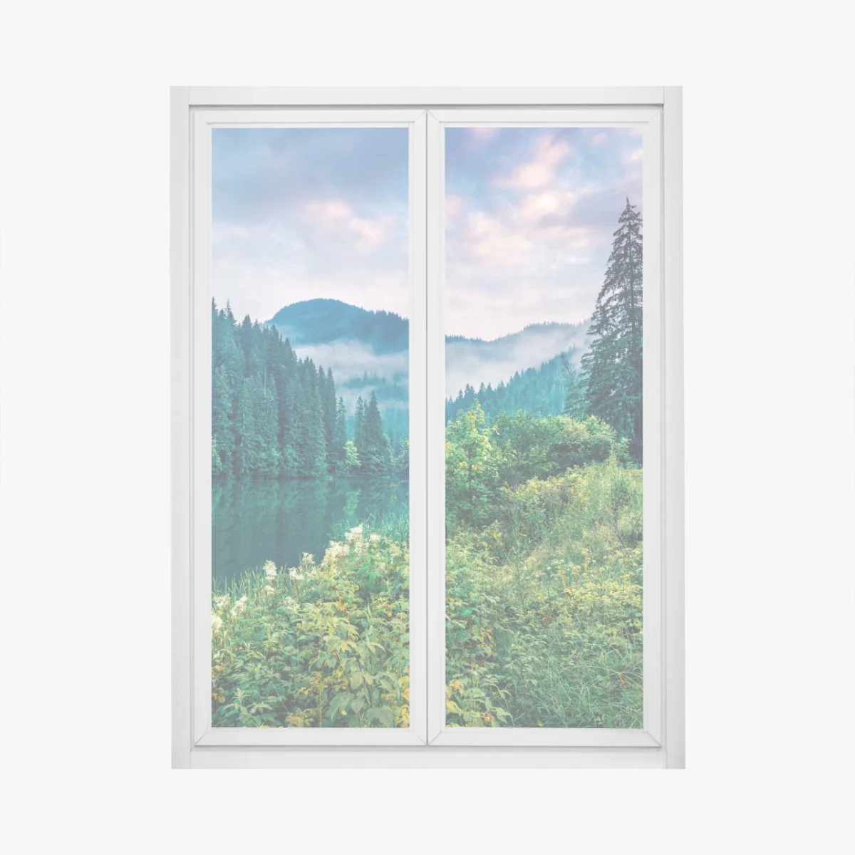 Naklejka na okno mglisty wschód słońca nad Lacu Rosu – Wallissimo® Naklejka na okno mglisty wschód słońca nad Lacu Rosu – Wallissimo®