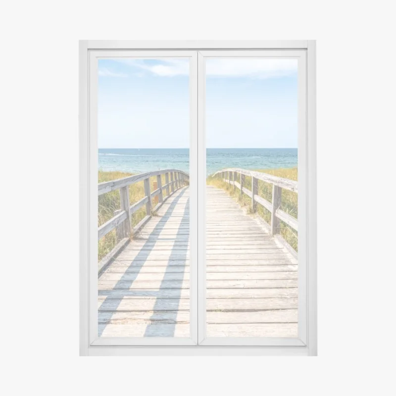 Naklejka na okno spokojny zielony pomost przez trzcinowisko do rustykalnej chaty – Wallissimo®