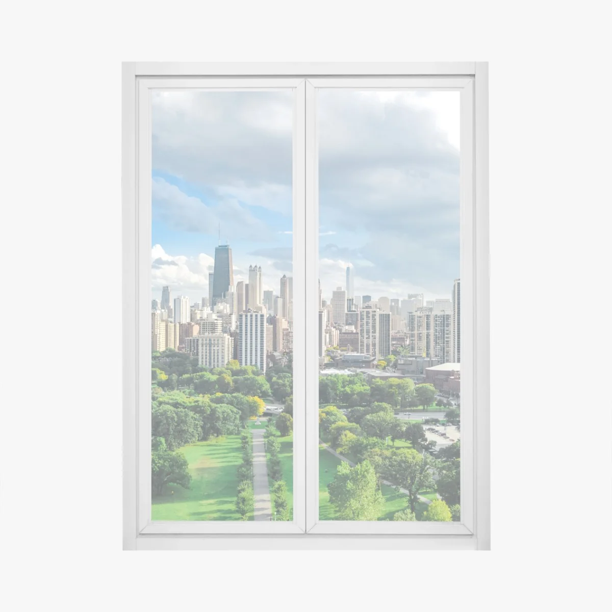 Naklejka na okno miejska panorama nad zielonym parkiem – Wallissimo® Naklejka na okno miejska panorama nad zielonym parkiem – Wallissimo®