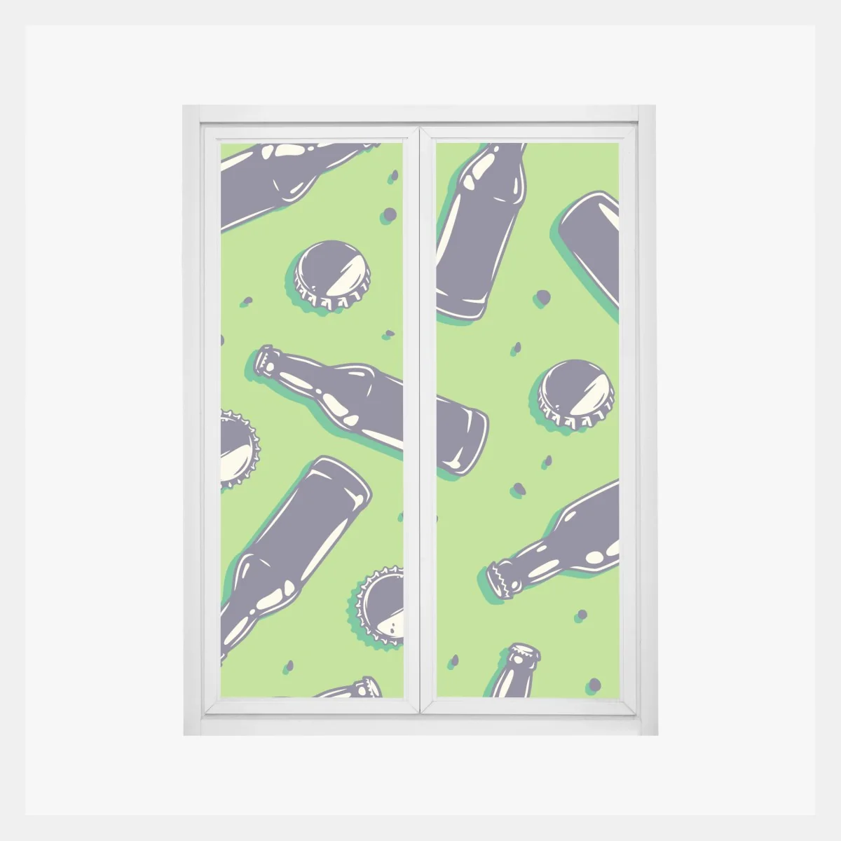 Naklejka na okno wzór butelek piwa w stylu pop art na zielonym tle – Wallissimo® Naklejka na okno wzór butelek piwa w stylu pop art na zielonym tle – Wallissimo®