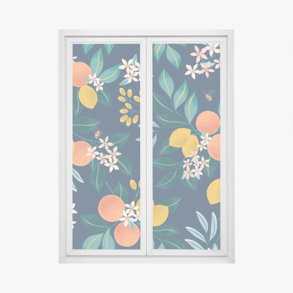 Naklejka na okno botaniczny wzór z kwiatami cytrusów na granatowym tle – Wallissimo® Naklejka na okno botaniczny wzór z kwiatami cytrusów na granatowym tle – Wallissimo®