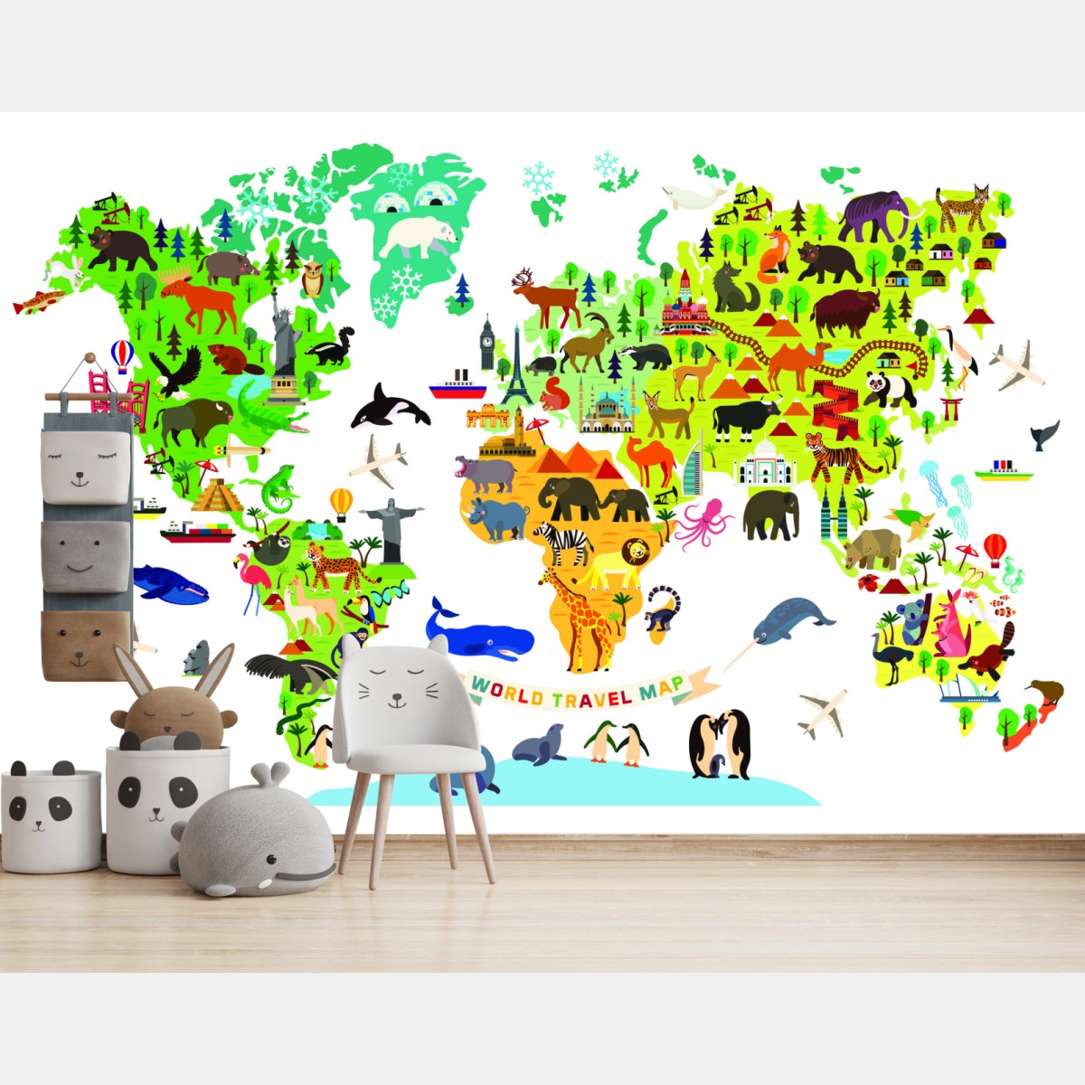 Fototapeta kolorowa mapa świata z zwierzętami – Wallissimo® Fototapeta kolorowa mapa świata z zwierzętami – Wallissimo®