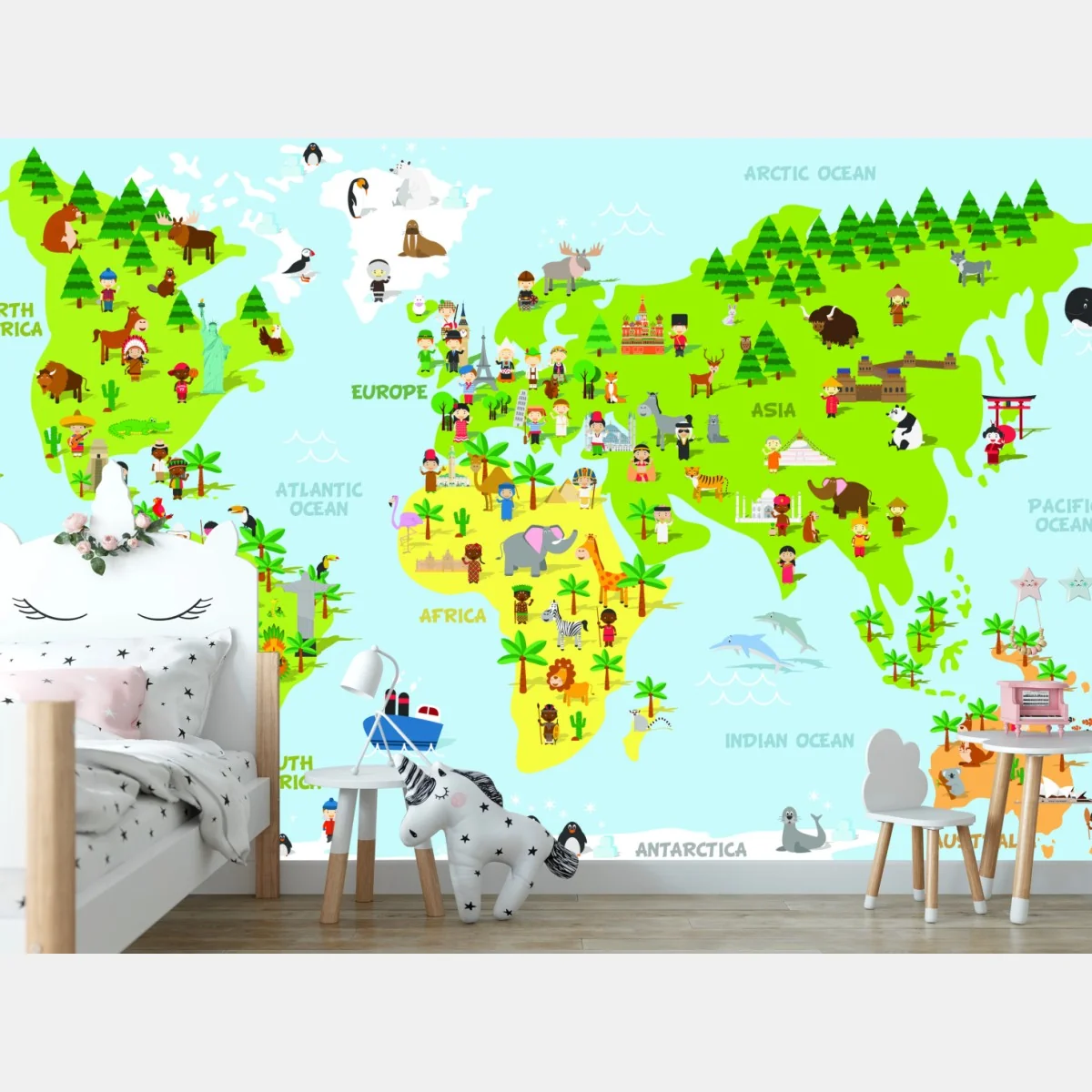 Fototapeta kolorowa mapa świata ze zwierzętami i dziećmi – Wallissimo®