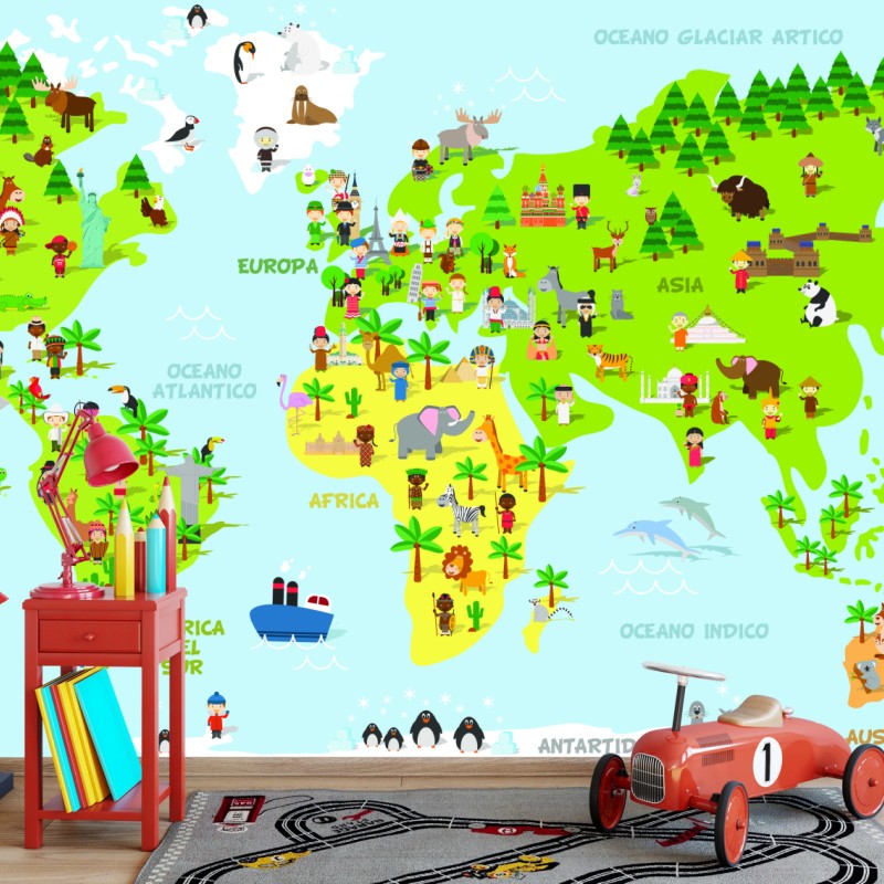 Fototapeta kolorowa ilustrowana mapa świata dla dzieci – Wallissimo® Fototapeta kolorowa ilustrowana mapa świata dla dzieci – Wallissimo®