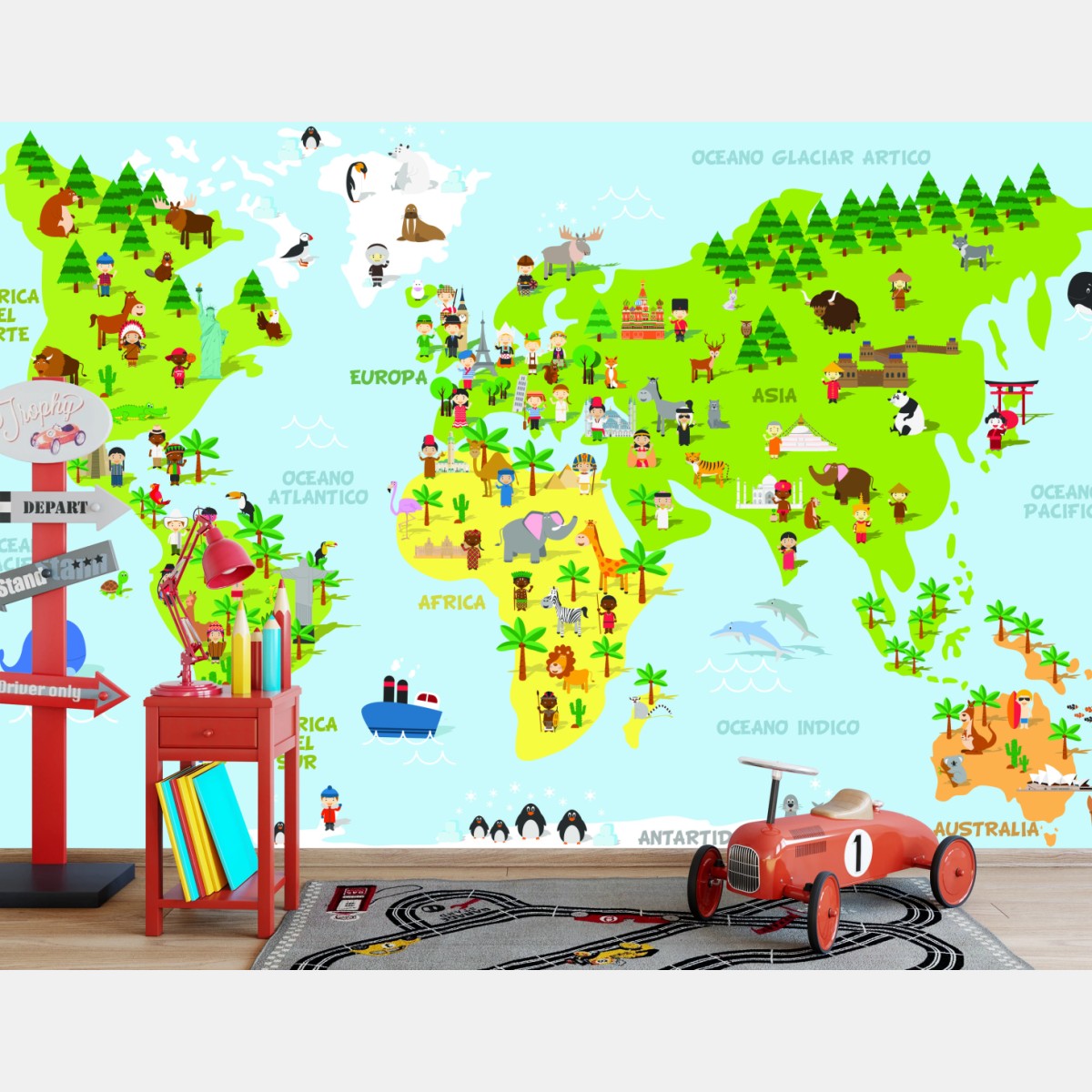 Fototapeta kolorowa ilustrowana mapa świata dla dzieci – Wallissimo®