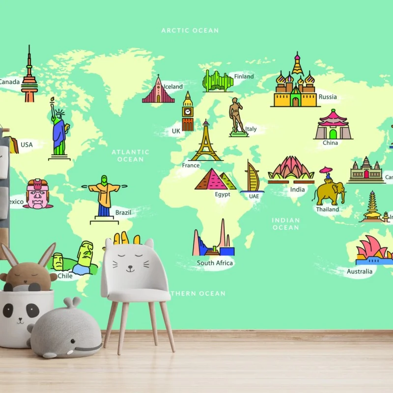 Fototapeta kolorowa ilustrowana mapa świata z zabytkami – Wallissimo® Fototapeta kolorowa ilustrowana mapa świata z zabytkami – Wallissimo®