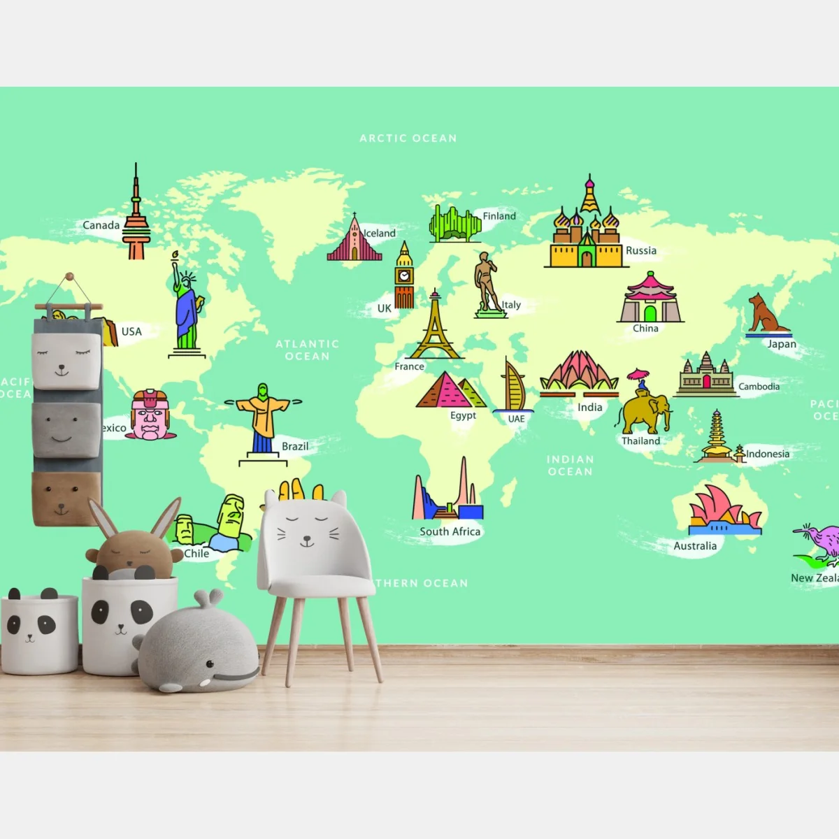 Fototapeta kolorowa ilustrowana mapa świata z zabytkami – Wallissimo® Fototapeta kolorowa ilustrowana mapa świata z zabytkami – Wallissimo®