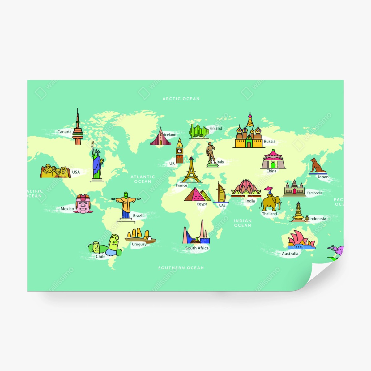Fototapeta kolorowa ilustrowana mapa świata z zabytkami – Wallissimo® Fototapeta kolorowa ilustrowana mapa świata z zabytkami – Wallissimo®