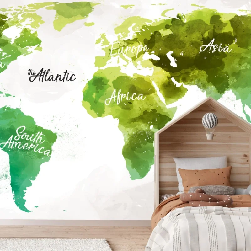 Fototapeta zielona akwarelowa mapa świata – Wallissimo® Fototapeta zielona akwarelowa mapa świata – Wallissimo®