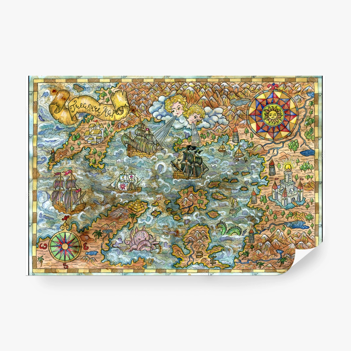 Fototapeta bajkowa mapa skarbów w technice akwareli – Wallissimo® Fototapeta bajkowa mapa skarbów w technice akwareli – Wallissimo®