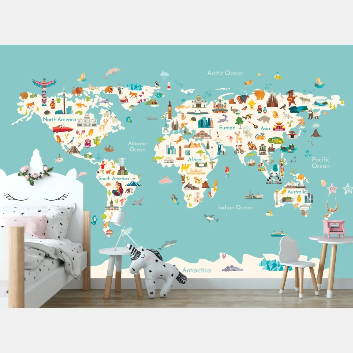 Fototapeta kolorowa ilustrowana mapa świata dla dzieci – Wallissimo® Fototapeta kolorowa ilustrowana mapa świata dla dzieci – Wallissimo®