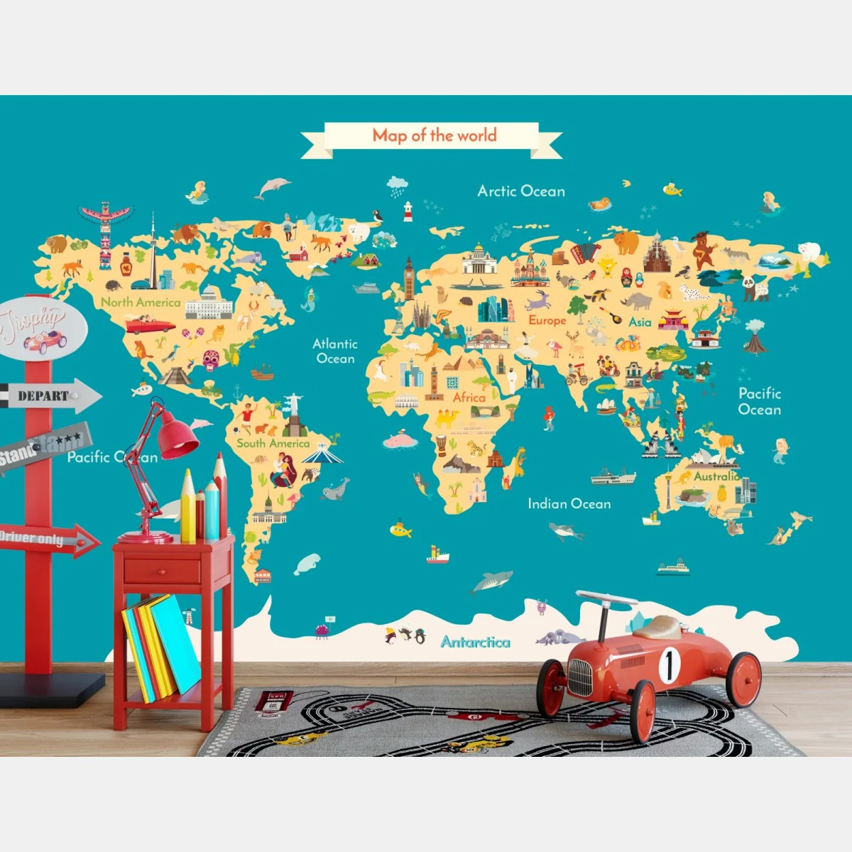 Fototapeta kolorowa ilustrowana mapa świata dla dzieci – Wallissimo® Fototapeta kolorowa ilustrowana mapa świata dla dzieci – Wallissimo®