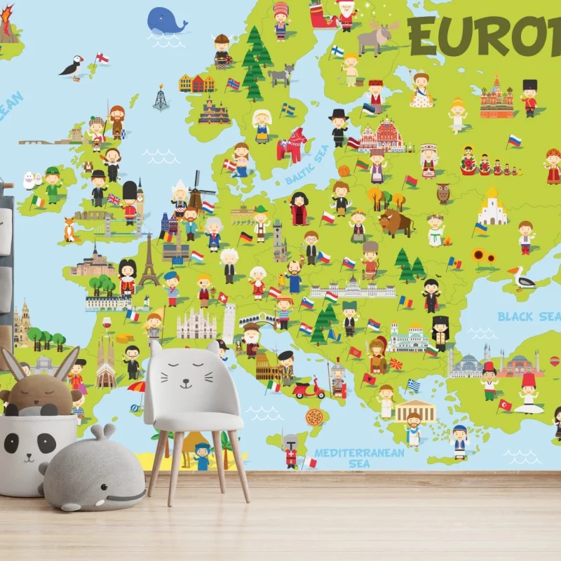 Fototapeta ilustrowana mapa Europy dla dzieci – Wallissimo® Fototapeta ilustrowana mapa Europy dla dzieci – Wallissimo®