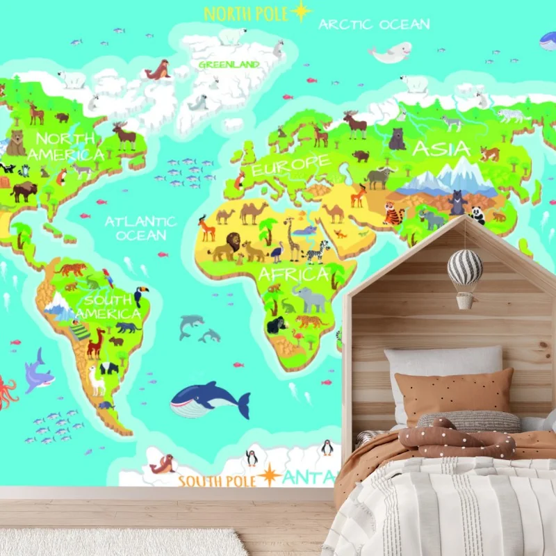 Fototapeta kolorowa mapa świata ze zwierzętami dla dzieci – Wallissimo®