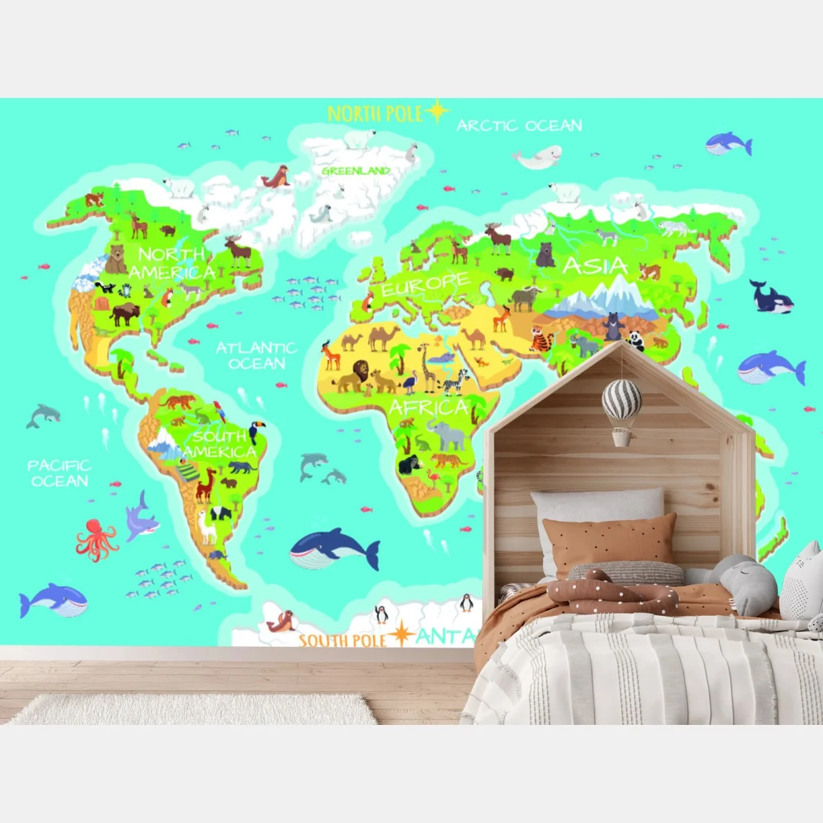 Fototapeta kolorowa mapa świata ze zwierzętami dla dzieci – Wallissimo®