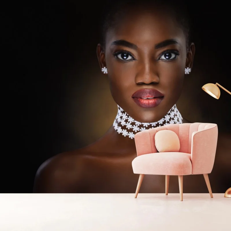 Fototapeta elegancki portret kobiety z kwiatową kolią – Wallissimo® Fototapeta elegancki portret kobiety z kwiatową kolią – Wallissimo®