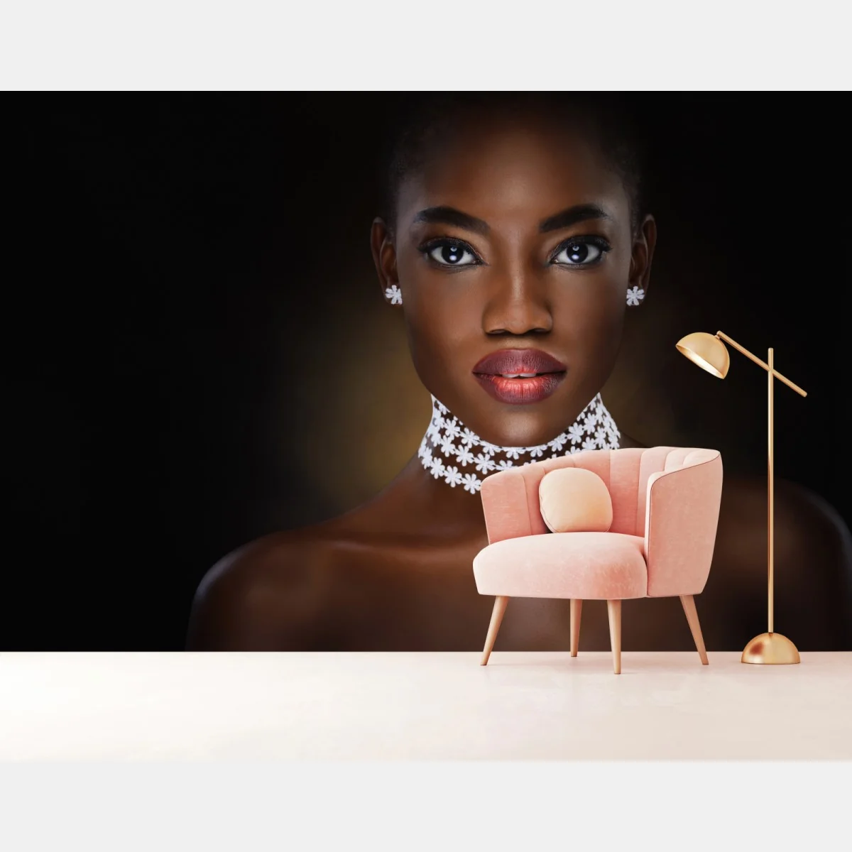 Fototapeta elegancki portret kobiety z kwiatową kolią – Wallissimo® Fototapeta elegancki portret kobiety z kwiatową kolią – Wallissimo®