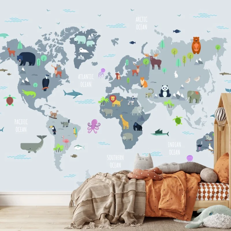 Fototapeta mapa świata ze zwierzętami w pastelowych kolorach – Wallissimo® Fototapeta mapa świata ze zwierzętami w pastelowych kolorach – Wallissimo®