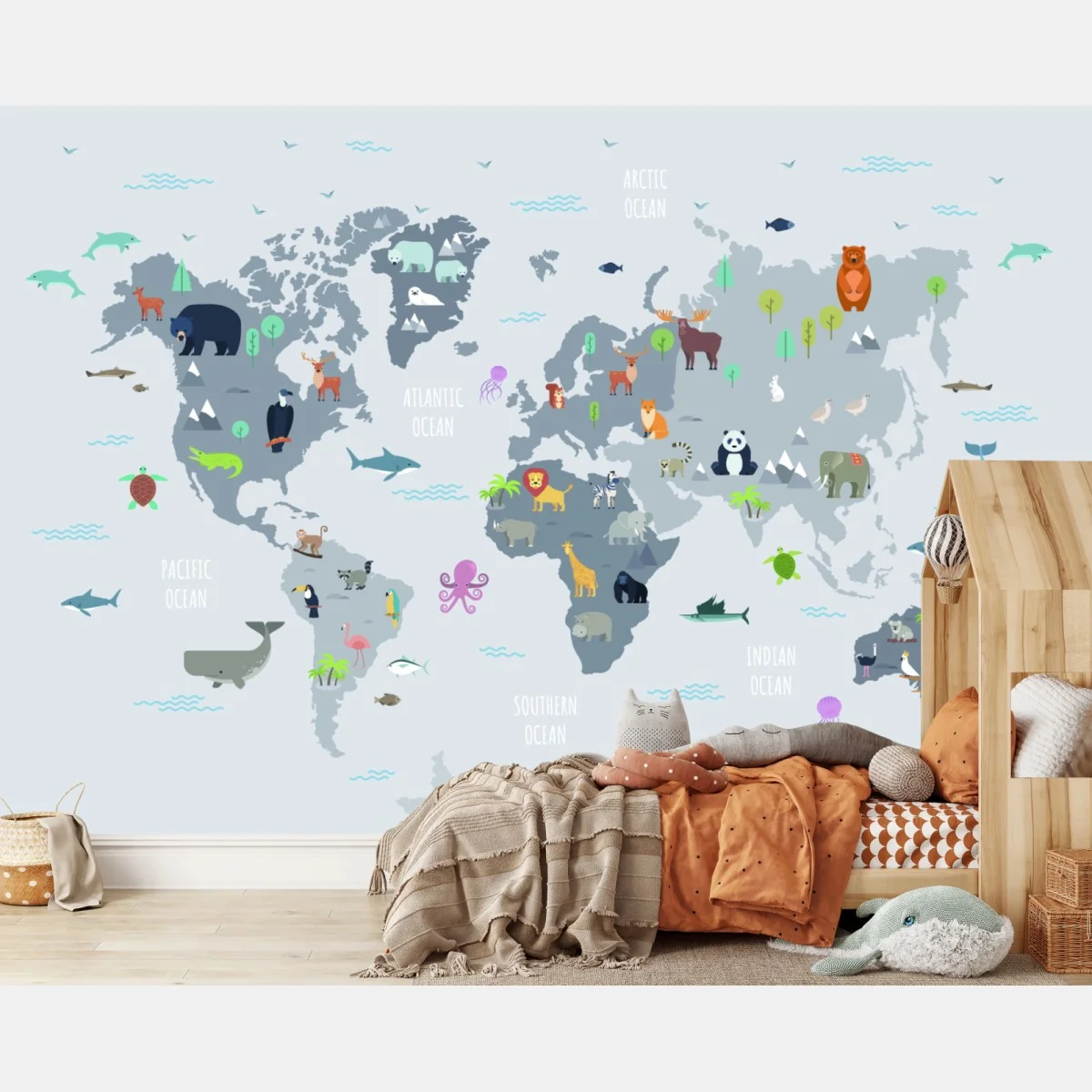 Fototapeta mapa świata ze zwierzętami w pastelowych kolorach – Wallissimo® Fototapeta mapa świata ze zwierzętami w pastelowych kolorach – Wallissimo®