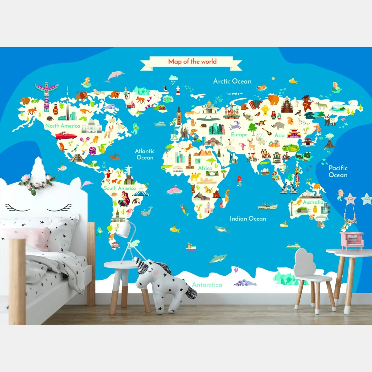 Fototapeta kolorowa ilustrowana mapa świata dla dzieci – Wallissimo® Fototapeta kolorowa ilustrowana mapa świata dla dzieci – Wallissimo®