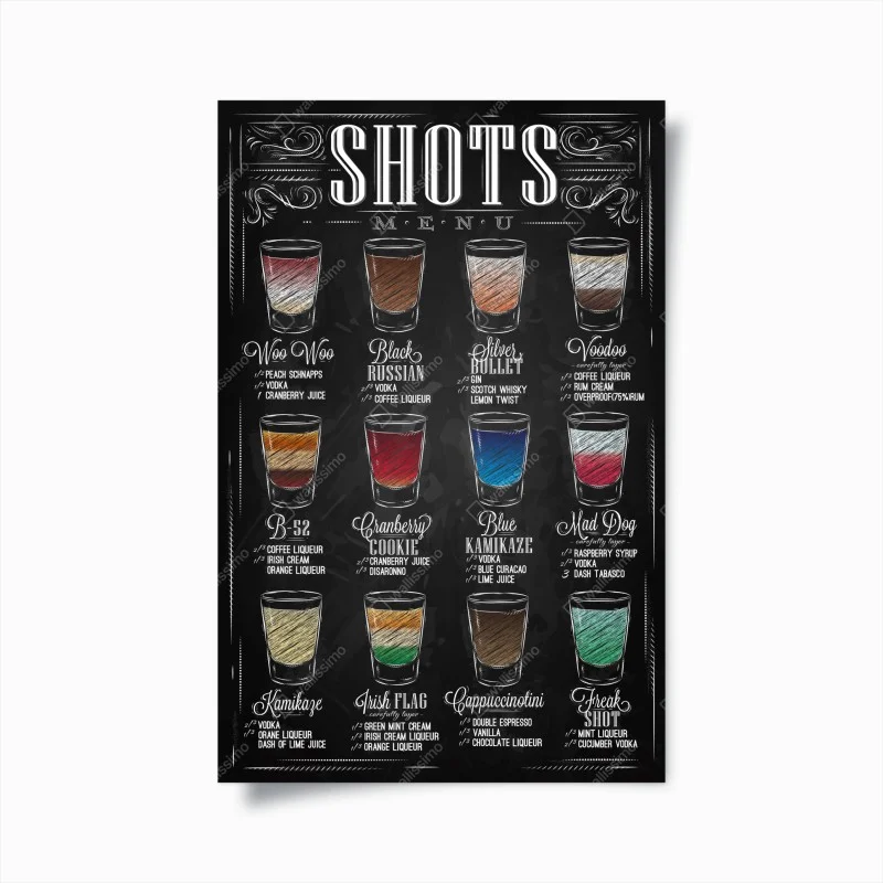 Plakat kredowe menu shotów w stylu vintage