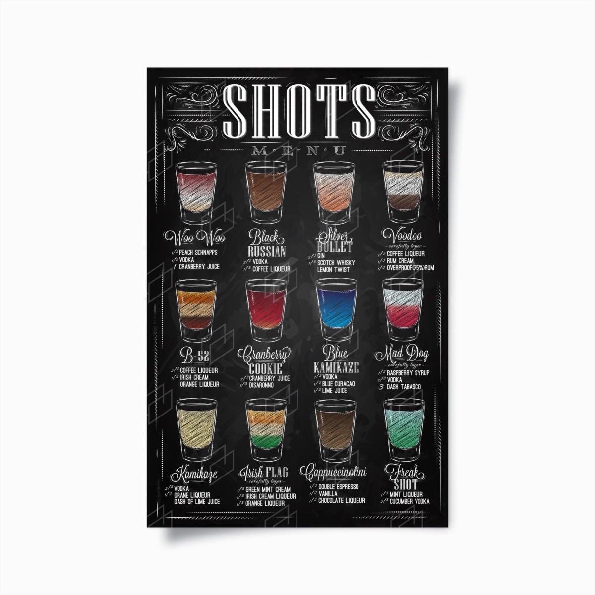 Plakat kredowe menu shotów w stylu vintage – Wallissimo®