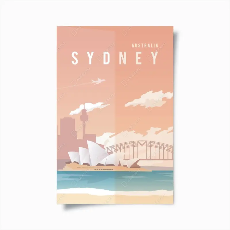 Plakat pastelowy widok na Sydney z operą i mostem
