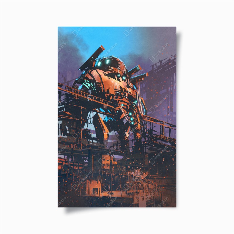Plakat ogromny mech w opuszczonej fabryce