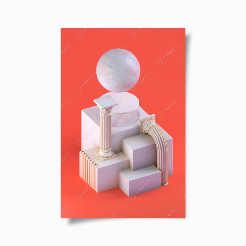 Plakat marmurowa kula i klasyczne kolumny na pomarańczowym tle