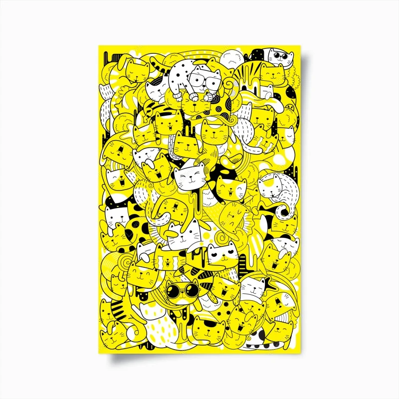 Plakat zabawna żółta mozaika kotów