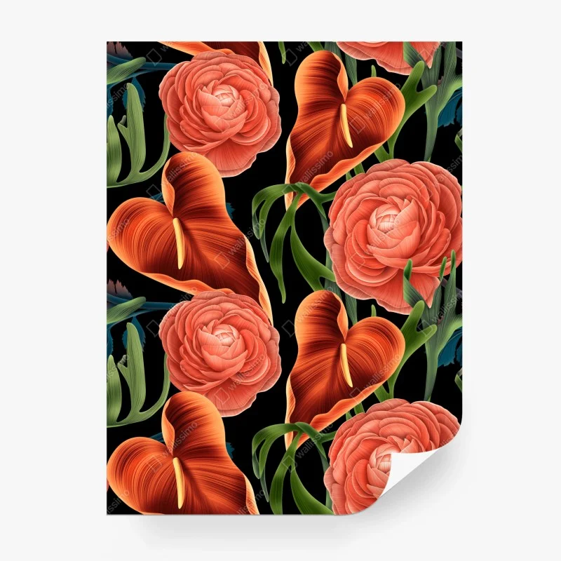 Fototapeta intensywny koralowy wzór kwiatowy na czarnym tle
