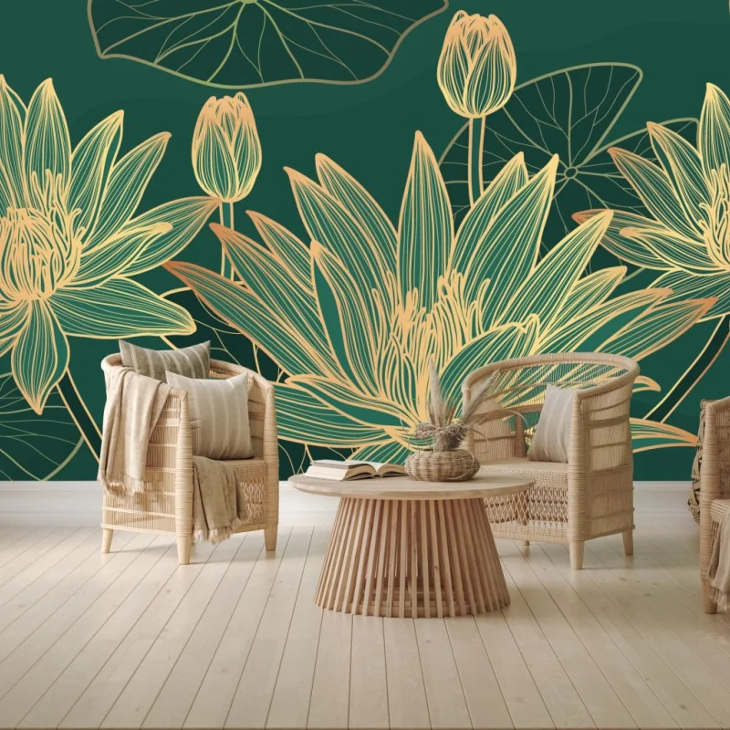 Fototapeta złote kwiaty lotosu na zielonym tle