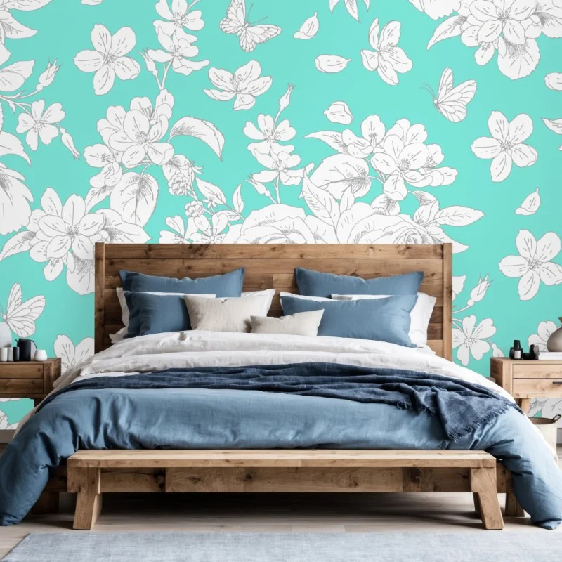 Fototapeta turkusowy wzór botaniczny z kwiatami