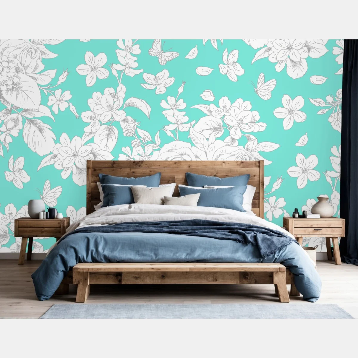 Fototapeta turkusowy wzór botaniczny z kwiatami – Wallissimo® Fototapeta turkusowy wzór botaniczny z kwiatami – Wallissimo®