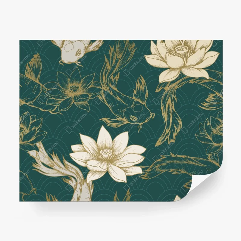 Fototapeta orientalny wzór koi i lotosów w turkusie i złocie