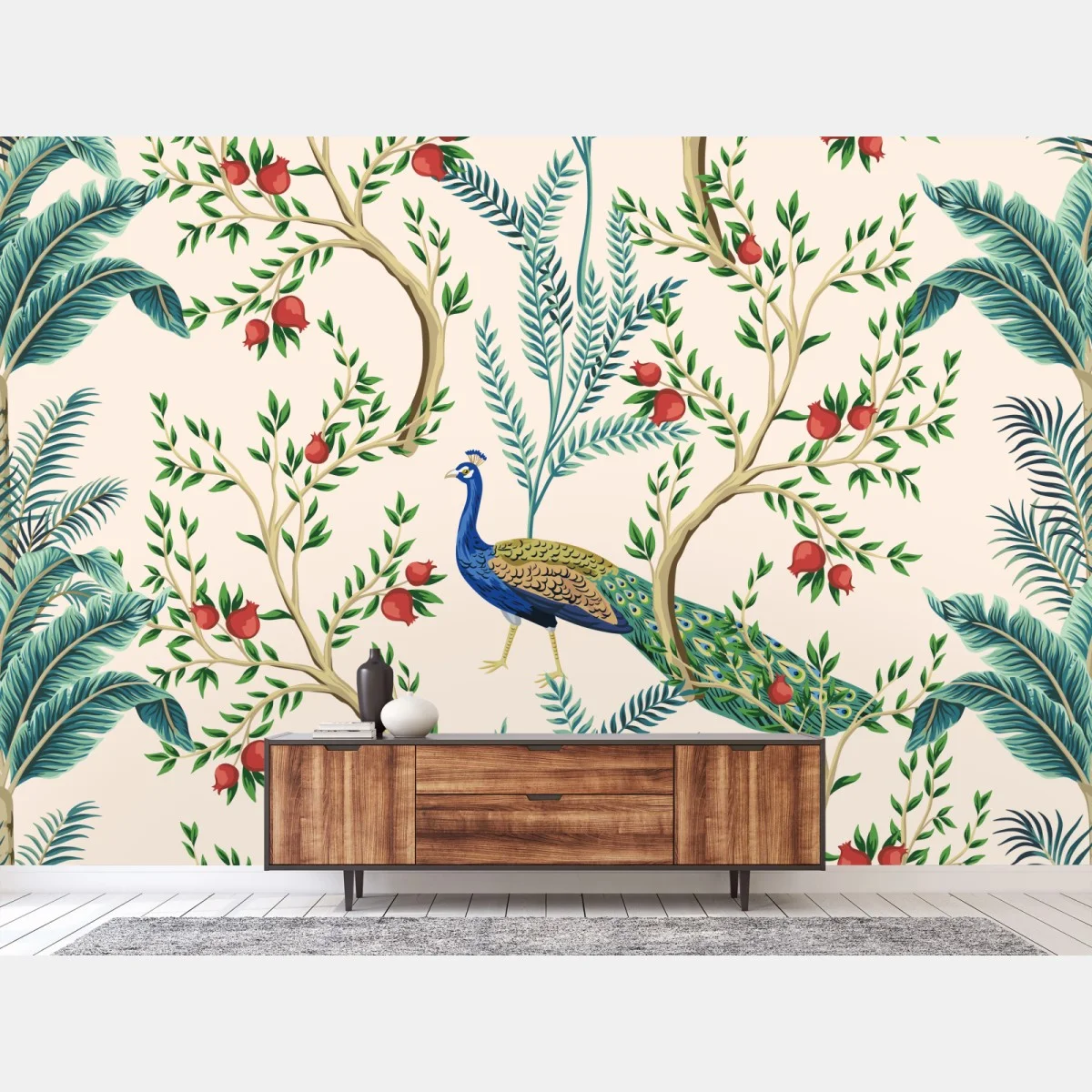 Fototapeta paw wśród gałęzi granatu – Wallissimo® Fototapeta paw wśród gałęzi granatu – Wallissimo®