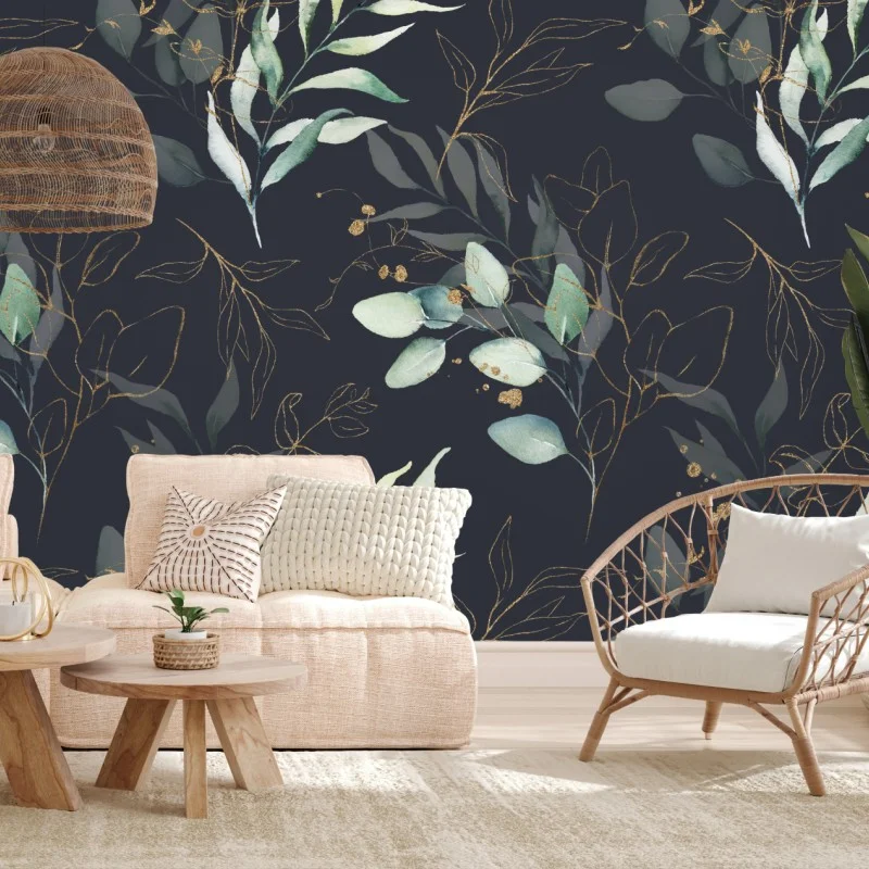 Fototapeta akwarelowe liście eukaliptusa na ciemnym tle