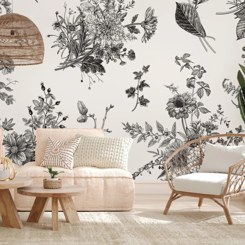 Fototapeta klasyczny czarno-biały wzór kwiatowy