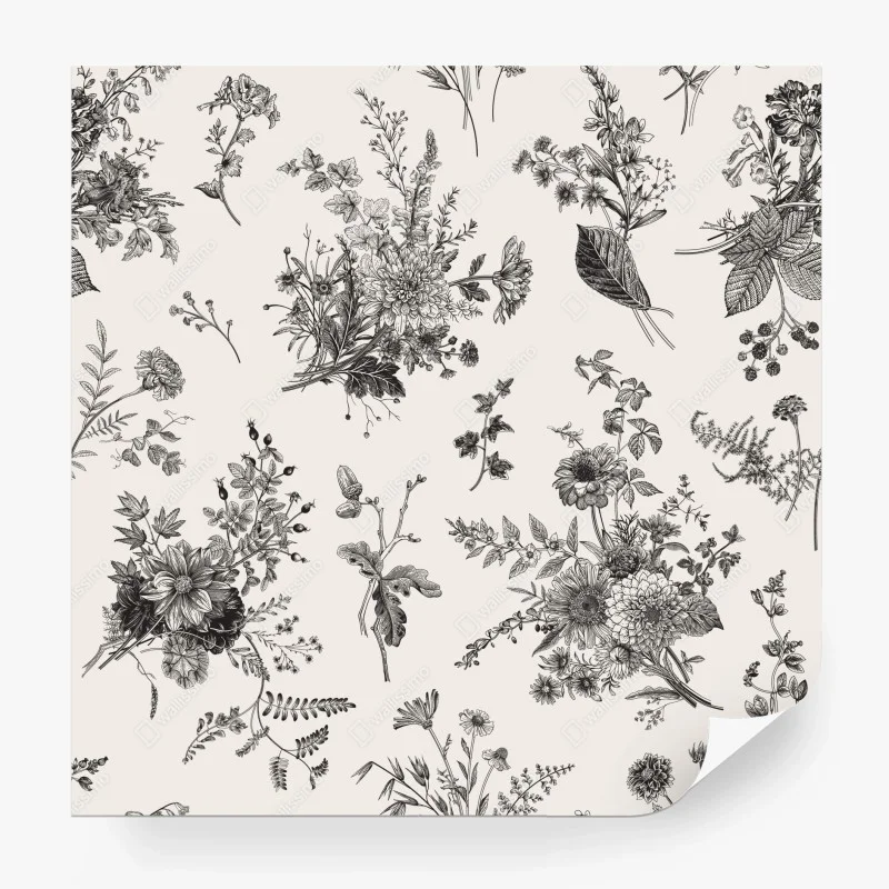 Fototapeta klasyczny czarno-biały wzór kwiatowy