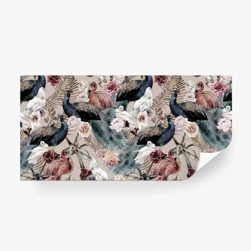 Fototapeta akwarelowy wzór z ptakami i różami