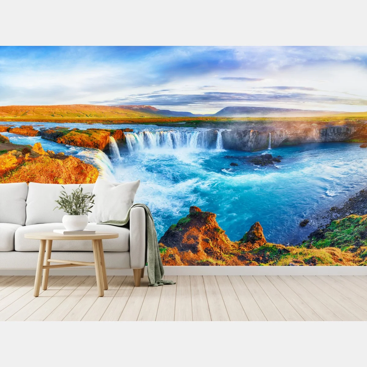 Fototapeta panorama wodospadu Godafoss o wschodzie słońca – Wallissimo® Fototapeta panorama wodospadu Godafoss o wschodzie słońca – Wallissimo®