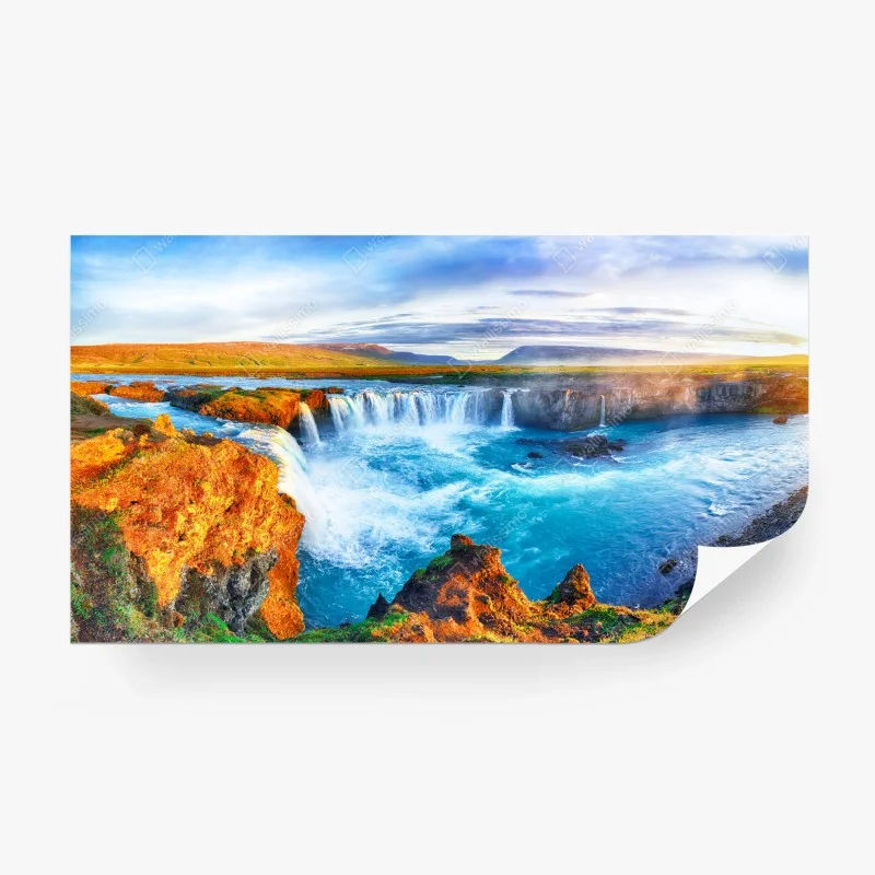 Fototapeta panorama wodospadu Godafoss o wschodzie słońca – Wallissimo® Fototapeta panorama wodospadu Godafoss o wschodzie słońca – Wallissimo®