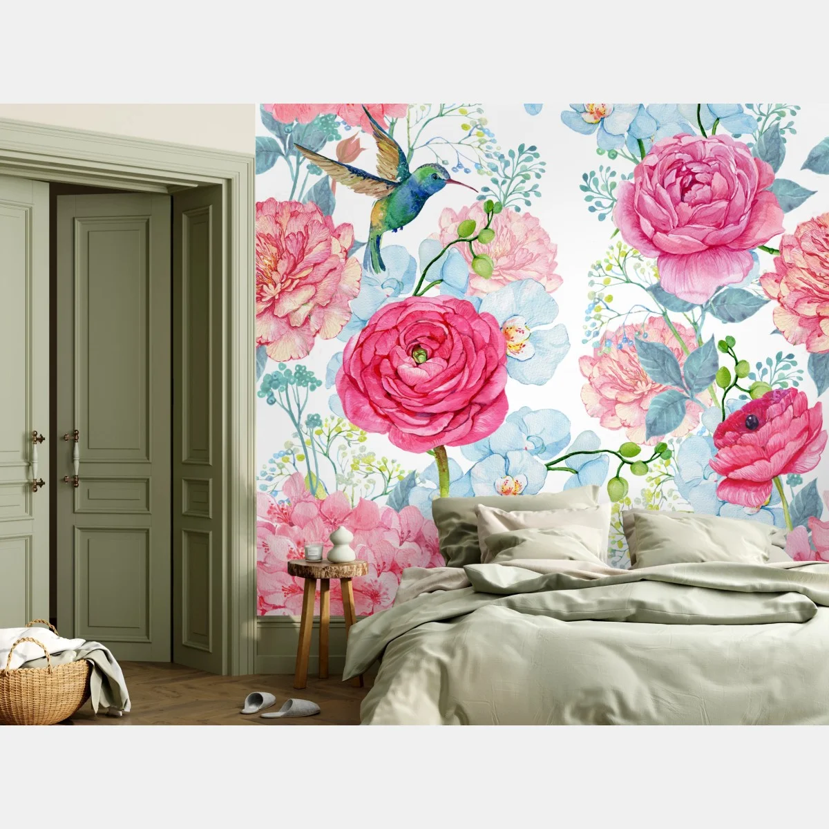 Fototapeta różany akwarelowy ogród z kolibrem – Wallissimo® Fototapeta różany akwarelowy ogród z kolibrem – Wallissimo®