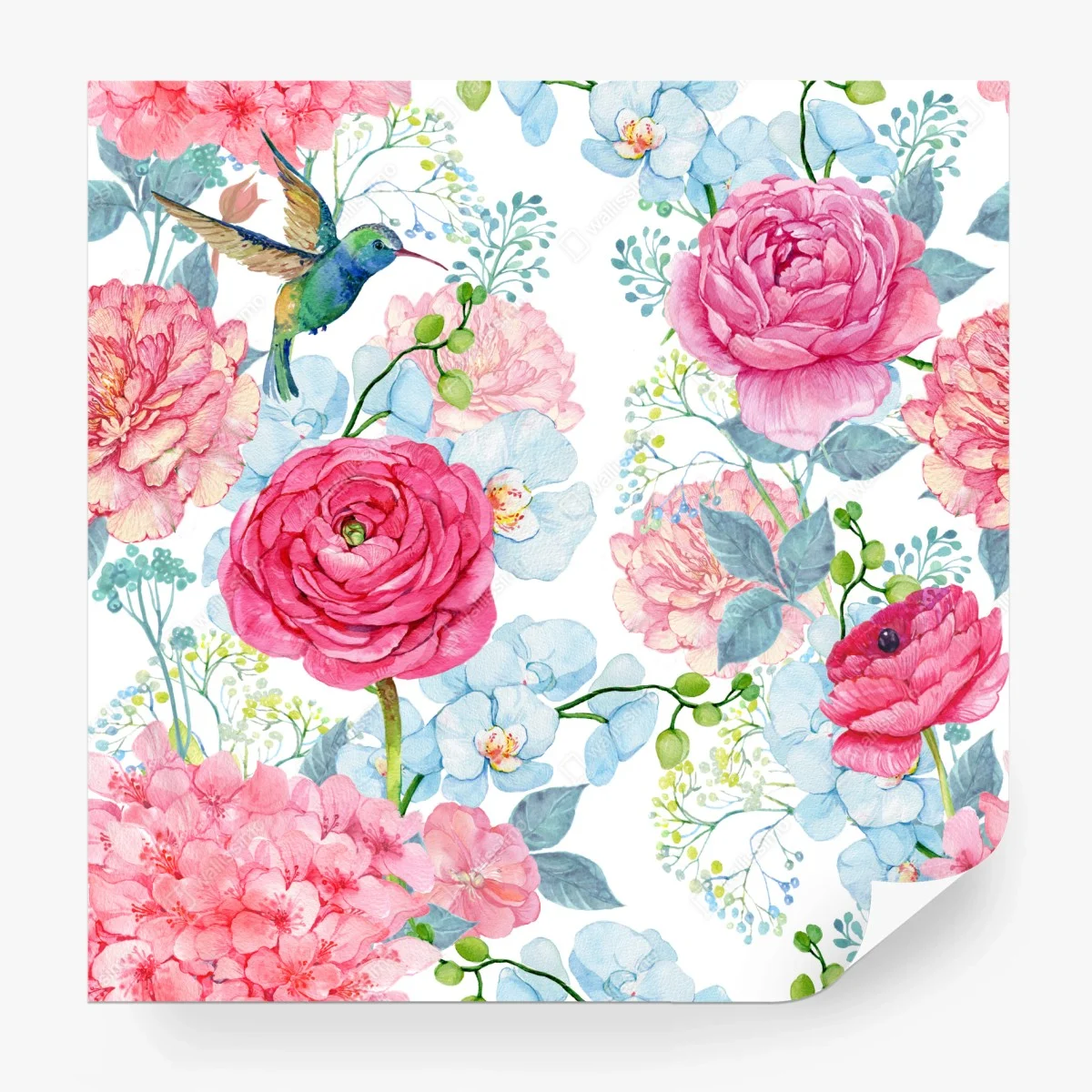 Fototapeta różany akwarelowy ogród z kolibrem – Wallissimo® Fototapeta różany akwarelowy ogród z kolibrem – Wallissimo®